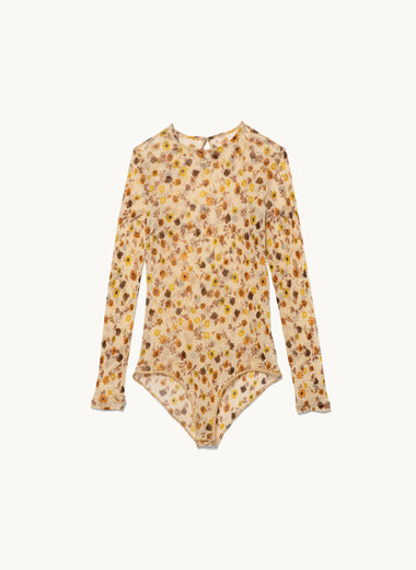 Flower Printed Tulle Crew-Neck Bodysuit